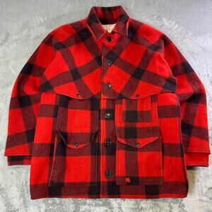 Vintage Filson Mackinaw Wool Cruiser Jacket Red Black Buffalo Plaid USA Mens 46